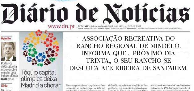 ASSOCIAÇÃO RECREATIVA DO RANCHO REGIONAL DE MINDELO.
INFORMA QUE... PRÓXIMO DIA TRINTA,, O SEU RANCHO SE DESLOCA ATE RIBEIRA DE SANTAREM.