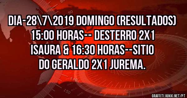 DIA-28\7\2019 DOMINGO (Resultados) 15:00 HORAS-- DESTERRO 2X1 ISAURA & 16:30 HORAS--SITIO DO GERALDO 2X1 JUREMA.