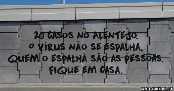 20 casos no Alentejo.
O vírus não se espalha,
quem o espalha são as pessoas.
Fique em casa.