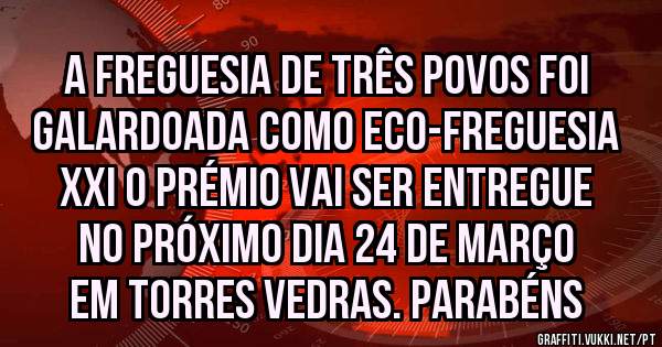 A Freguesia de Três Povos foi galardoada como Eco-Freguesia XXI o prémio vai ser entregue no próximo dia 24 de Março em Torres Vedras. Parabéns 