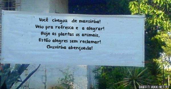 Você  chegou  de mansinha!
Veio pra refresca e  a alegrar!
Hoje as plantas os animais,
Estäo alegres sem reclamar!
Chuvinha abençoada!
