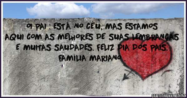   OI PAI : ESTÁ NO CÉU, MAS ESTAMOS AQUI COM AS MELHORES DE SUAS LEMBRANÇAS E MUITAS SAUDADES. FELIZ DIA DOS PAIS. 
           FAMÍLIA MARIANO .