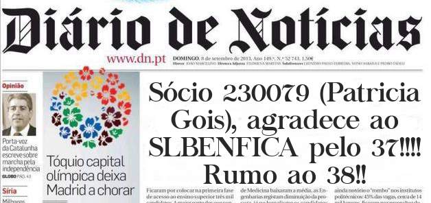 Sócio 230079 (Patricia Gois), agradece ao SLBENFICA pelo 37!!!! Rumo ao 38!!