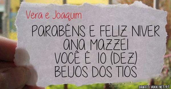 PARABÉNS E FELIZ NIVER ANA MAZZEI
VOCÊ É 10 (DEZ)
BEIJOS DOS TIOS