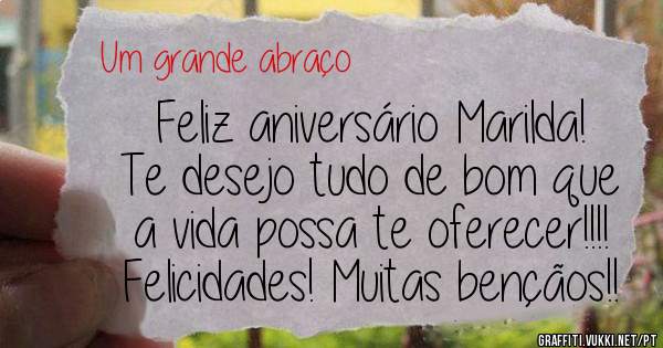 Feliz aniversário Marilda!
Te desejo tudo de bom que a vida possa te oferecer!!!! 
Felicidades! Muitas bençãos!!
