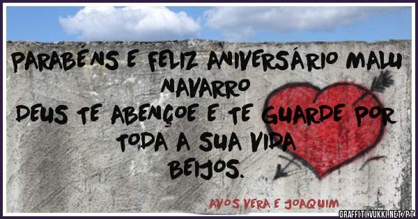 PARABÉNS E FELIZ ANIVERSÁRIO MALU NAVARRO
DEUS TE ABENÇOE E TE GUARDE POR TODA A SUA VIDA
BEIJOS.