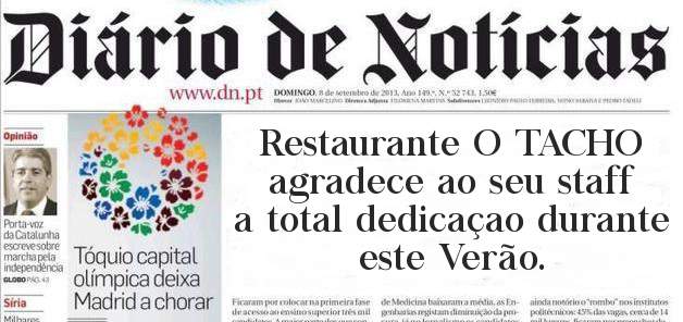 Restaurante O TACHO agradece ao seu staff a total dedicaçao durante este Verão.