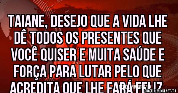 Taiane, desejo que a vida lhe dê todos os presentes que você quiser e muita saúde e força para lutar pelo que acredita que lhe fará feliz.