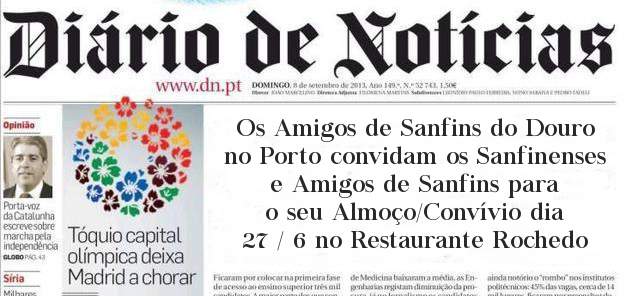 Os Amigos de Sanfins do Douro no Porto convidam os Sanfinenses e Amigos de Sanfins para o seu Almoço/Convívio dia 27 / 6 no Restaurante Rochedo